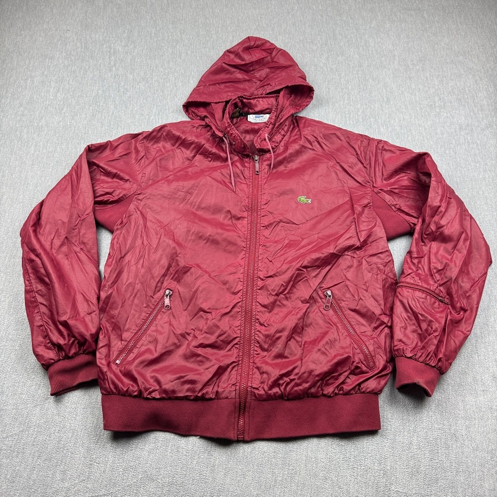 Vintage Lacoste Jacket Mens Large Burgundy Full Zip Hooded Windbreaker Alligator